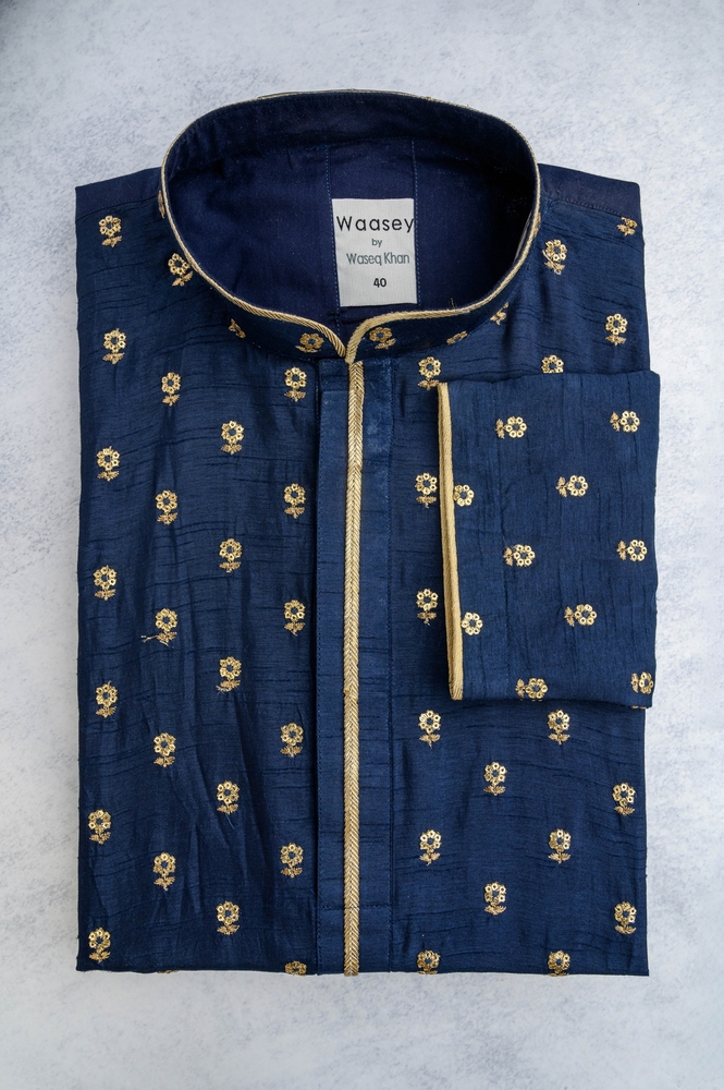 Navy Gold-Embroidered Floral Panjabi